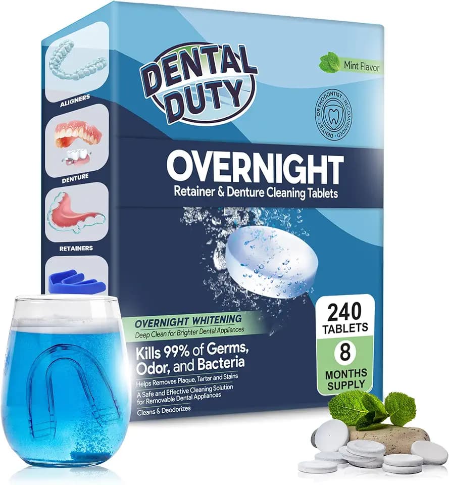Dental Duty Overnight Retainer Cleaner Tablets – Deep Clean Invisalign & Denture Cleaning Tablets for Aligners, Mouthguards & Night Guards – Removes Odor, Plaque & Stains – 240 Count