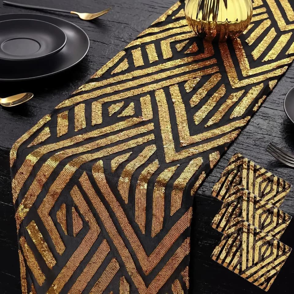 Peryiter 3 Pcs Roaring 1920's Table Runners Decorations 12 x 108 Inch Great 20's Black and Gold Table Runner Sequin Reusable Tablestrip for 1920s Vintage Speakeasy Wedding Party