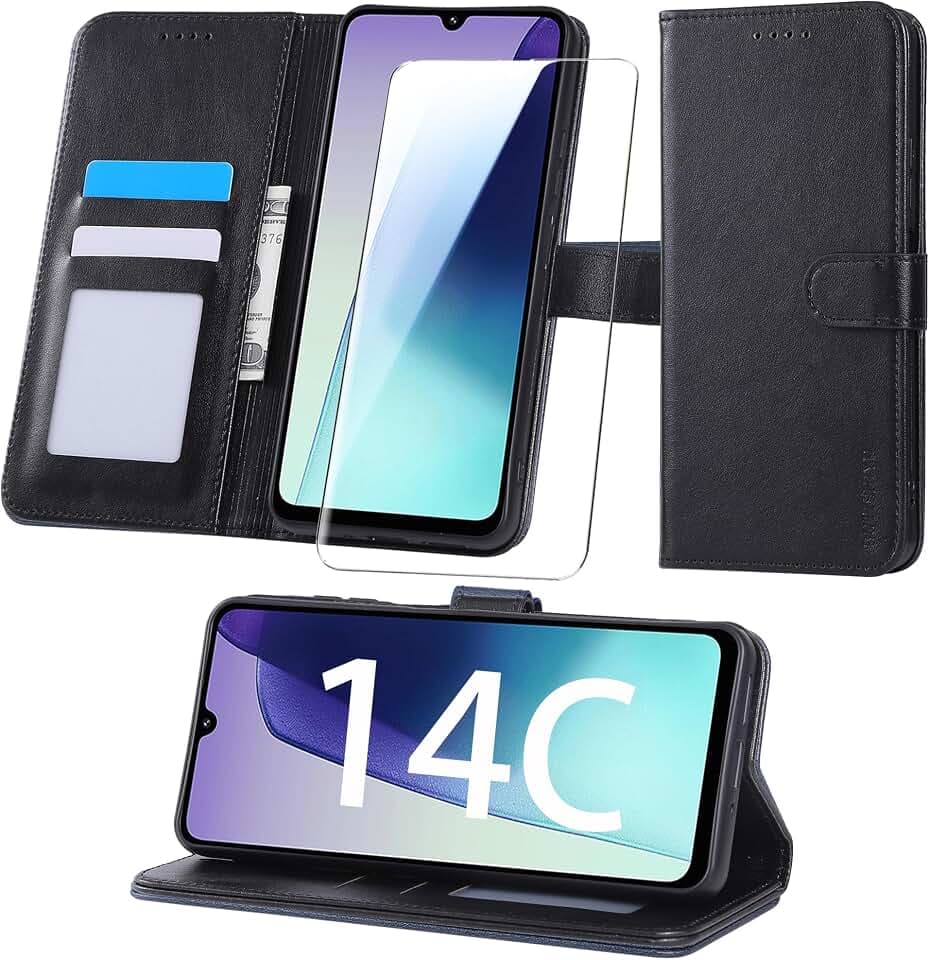 Handyhülle für Xiaomi Redmi 14C 4G Hülle [Mit 1 Stück Panzer Schutz Glas], Premium PU Leder, RFID Kartenfach Standfunktion, Lederhülle für Xiaomi Redmi 14C 4G - Schwarz