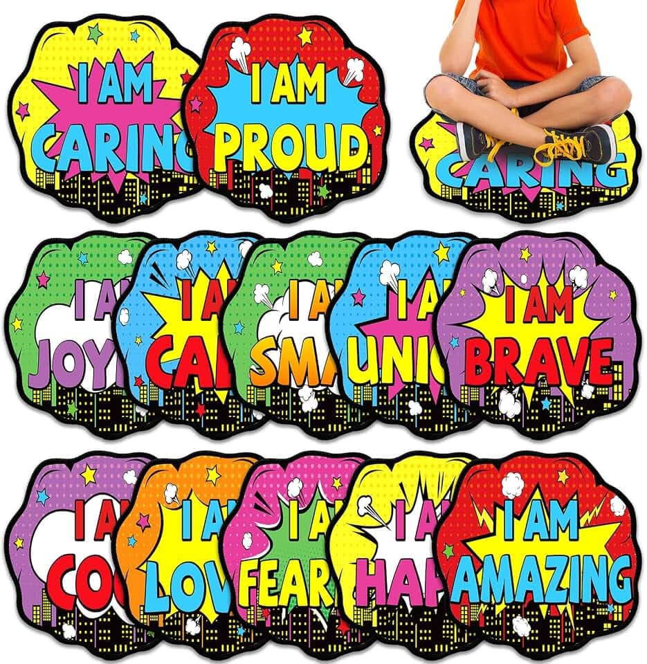 12 Pcs Back to School Carpet Seats for Classroom 16 Inch Hero Positive Affirmation Rugs Super Theme Growth Mindset Floor Mat Educational Non Slip Cushion for Learning Playing Activity Area Living Room
