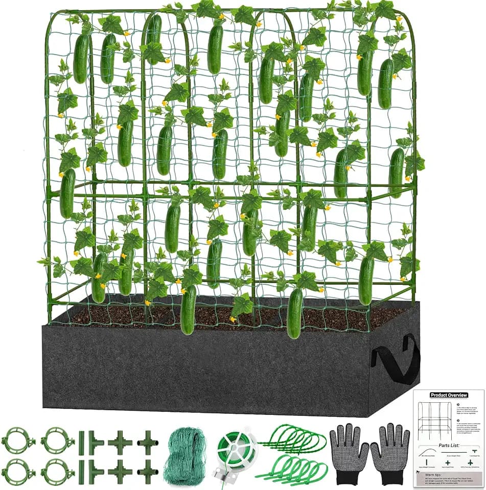 U-Shape Cucumber Trellis with Fabric Raised Garden Bed 65x50 Inch Metal Garden Arch Trellis with Net, Climbing Plants Vegetables Heavy-Duty Outdoor Plant Support for Pea, Grape, Squash, Tomatoes