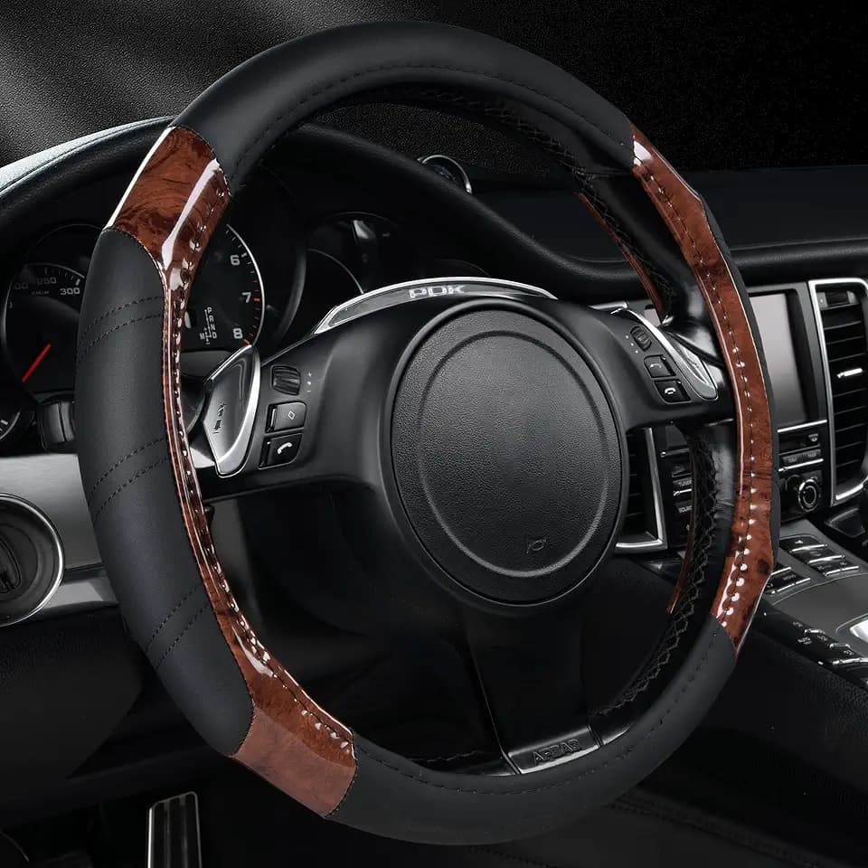 CAR PASS Wood Grain Microfiber Leather Sporty 14.5-15 inch Steering Wheel Cover Universal Fits for 95% Truck,SUV,Cars, Anti-Slip Safety Comfortable Design (Black Wood Grain)
