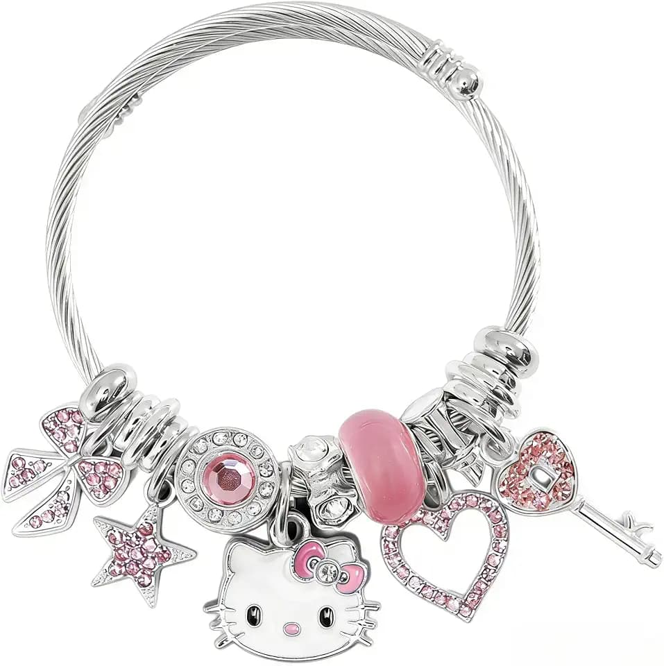 Cute Bracelets, Adjustable Stainless Steel Composite Bracelet Bangles, Classic Cartoon Design Jewelry, Gift for Her (Pink)