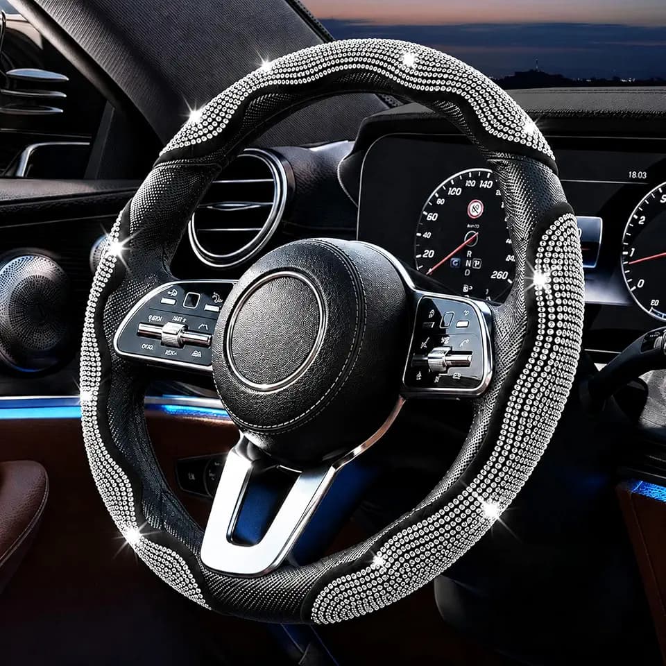 LYCARESUN 3PCS Segmented Bling Diamond Car Steering Wheel Cover（White）