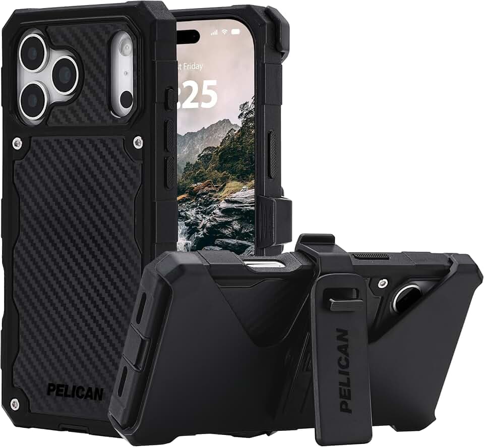 Pelican Shield Schutzhülle für iPhone 17 Pro Max [kompatibel mit MagSafe], robuste Handyhülle mit 7,3 m Fallschutz in Militärqualität, robuste Handyhülle mit Gürtelclip für iPhone 17 Pro Max, Carbon