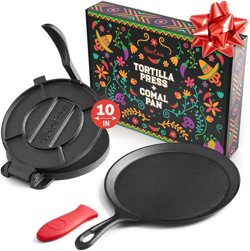 Uno Casa Cast Iron Tortilla Press 10 Inch and Comal Pan Bundle, Family Size