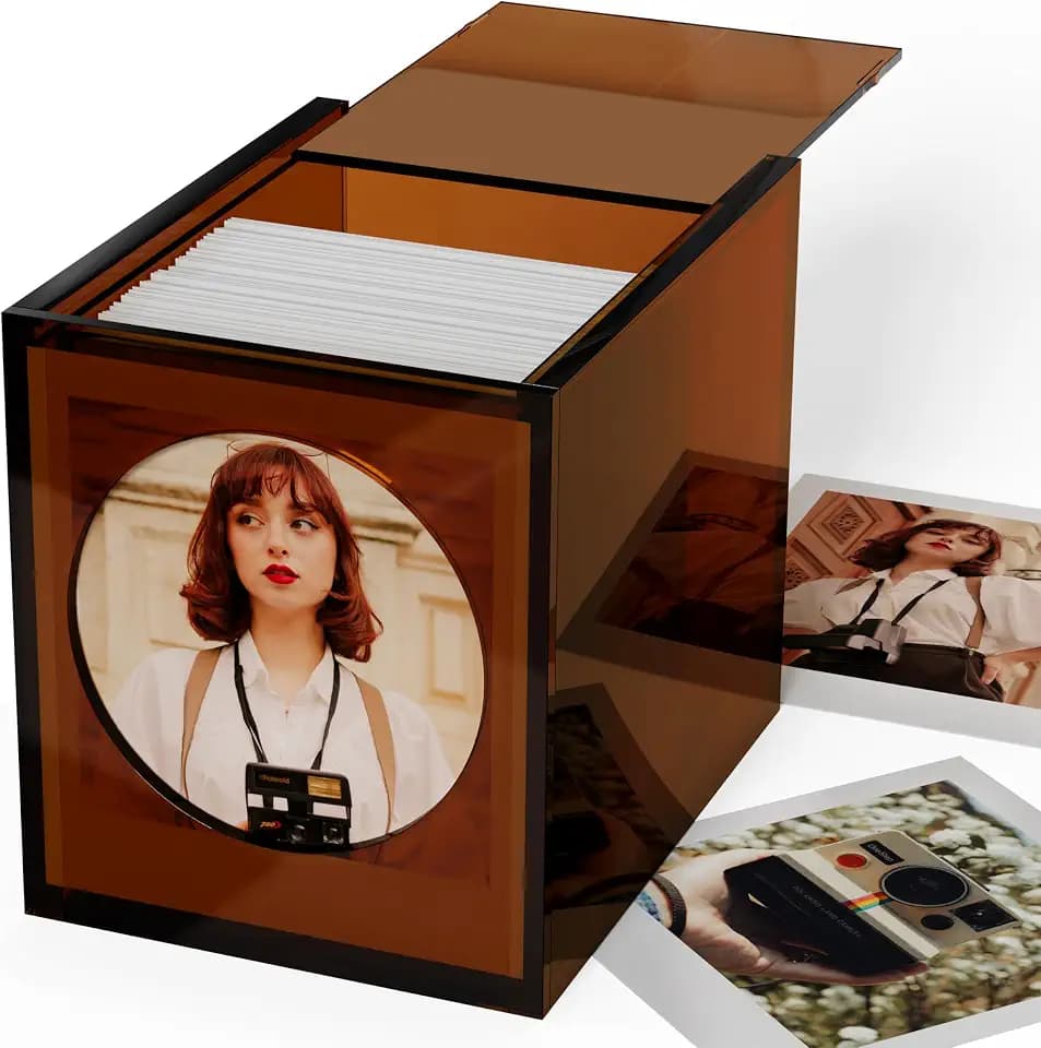 WINKINE Acrylic Polaroid Frame & Photo Storage Box for i-Type/600/SX-70 Films, 4.2''x3.5'' Film Frame, Vintage Box with Sliding Lid, Amber, 1 Pack