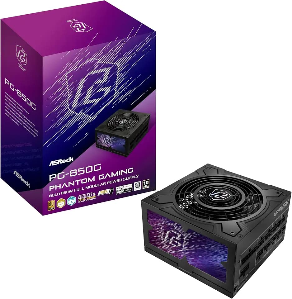 ASRock PG-850G Phantom Gaming 850W Power Supply Individual Braided Pattern 10 Years Warranty Fully Modular Japanese Capacitor 80 Plus Gold Cybenetics Platinum ATX3.1 PCIe5.1 12V-2x6 Cable