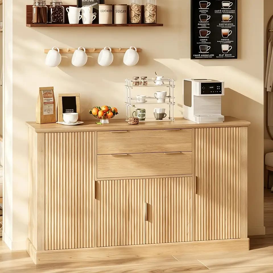 58'' Walnut Fluted Sideboard Buffet Cabinet, Credenza with 4 Fluted Doors