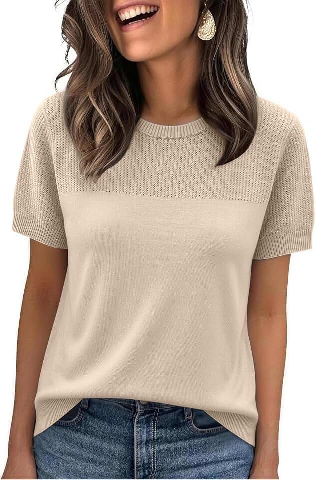 Women's Short Sleeve Sweater Lightweight Knit Tops for Work Casual