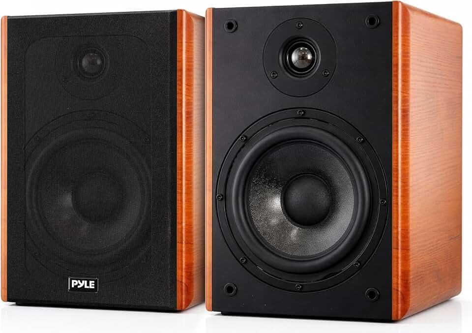 Pyle 5.25" Home Audio Speakers, 2-Way Passive Bookshelf, 200W Max Power, 1" Silk Dome Tweeter, Composite Woofer, Gold Plated 5 Way Binding Post, Rubber Surrounds, Beautiful Wood Grain Finish - Pair