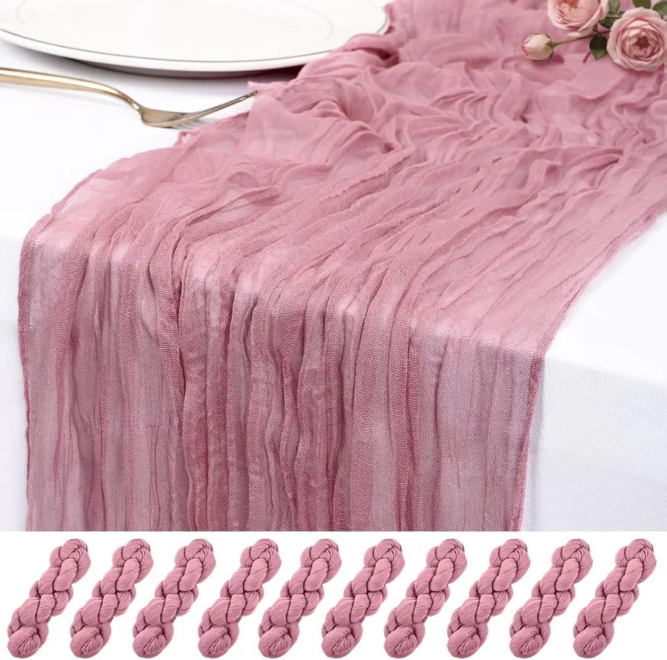 10 Pack Dusty Rose Cheesecloth Table Runner 17x108 Inch Semi Sheer Boho Rustic Gauze Cheese Cloth Table Runners for Wedding Party Birthday Baby Shower Home Décor