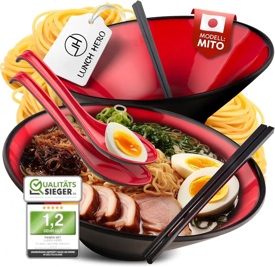 LunchHero® Ramen Schüssel Set - Ramen Bowl Schüssel 900ml aus Melamin - Ramen Set Geschirr mit großer Suppenschüssel - Japanisches Geschirr Set - Ramen Schale Set mit Rezepte eBook - 2er Set