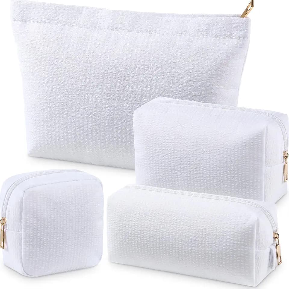 Sanwuta 4 Pcs Seersucker Pouch Striped Makeup Bag Set, White