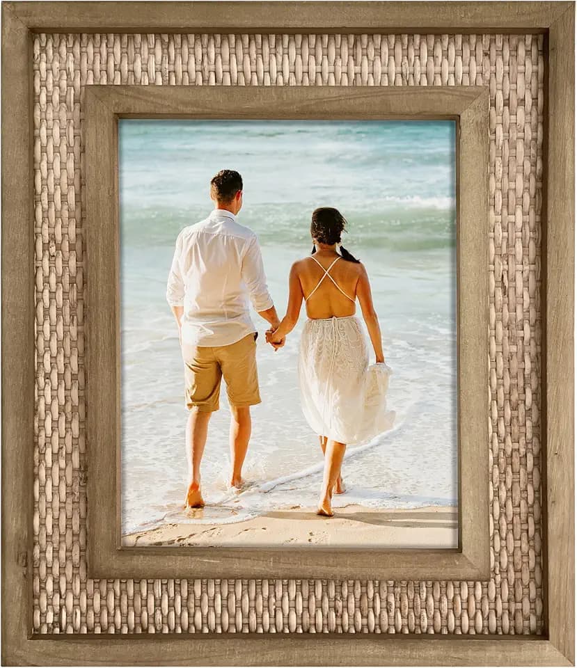 Fairwood Way 8x10 Rattan Picture Frame, Wicker Coastal Frame for 8x10 Photos (12.5" x 14.5" Outer), Real Fir Wood with Sawtooth Hanger & Tabletop Easel, Tropical Beach Decor