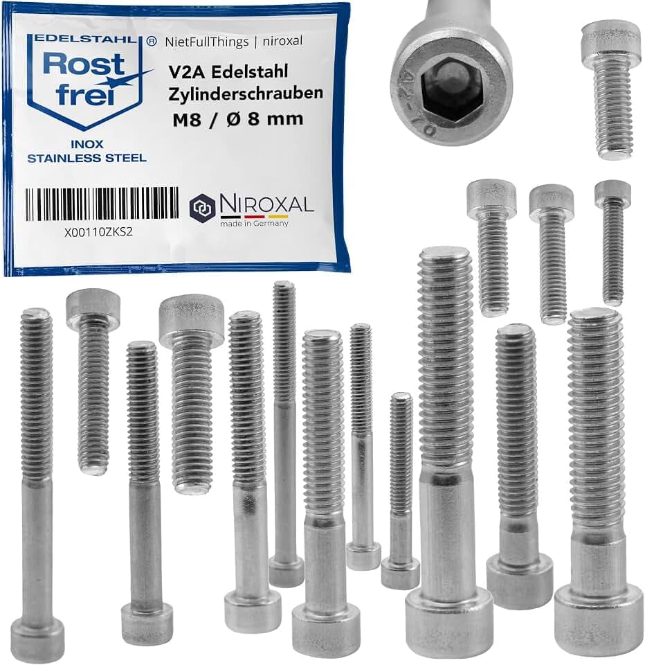 Edelstahl Zylinderkopfschraube rostfrei V2A M8 (=8 mm) 40-mm Schrauben-Länge 25 Stück 28-mm Teil-Gewinde Innensechskant Zylinder Schraube M8x40