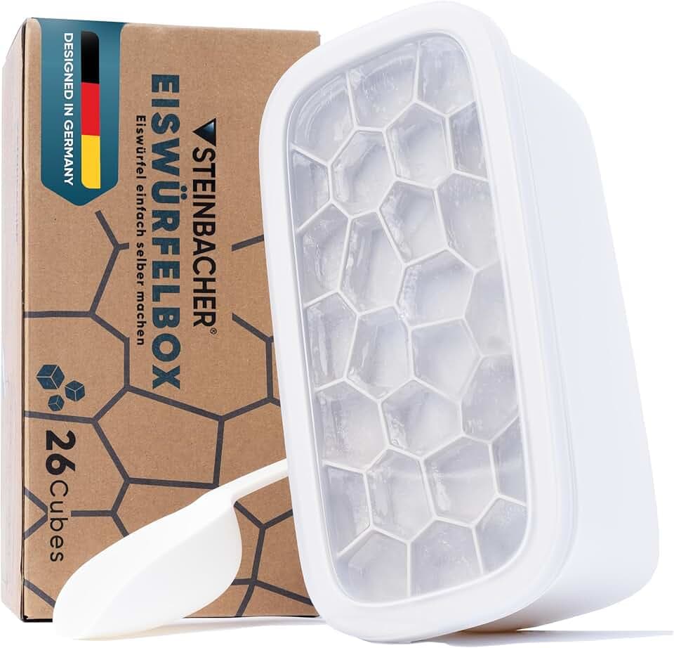 STEINBACHER® Premium Eiswürfelbox | großer Eiswürfelbehälter + Silikon Eiswürfelform in geprüfter Lebensmittelqualität (Set) BPA-frei & Spülmaschinenfest - perfekt für Drinks & Babybrei (Warm Sand)