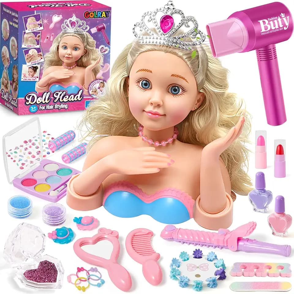 Golray Hair Styling Doll Head Makeup Kit Nail Art Girls Toys,Hair Salon Toy/ Real Cosmetics Nail Polish,Hairdryer Curling Iron Stylist Play Toy Princess Girl Birthday Gifts 3 4 5 6 7 8+ Years Old