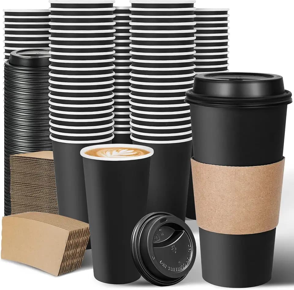 Ginkgo 100 Pack 20 oz Disposable Coffee Cups with Lids and Sleeves
