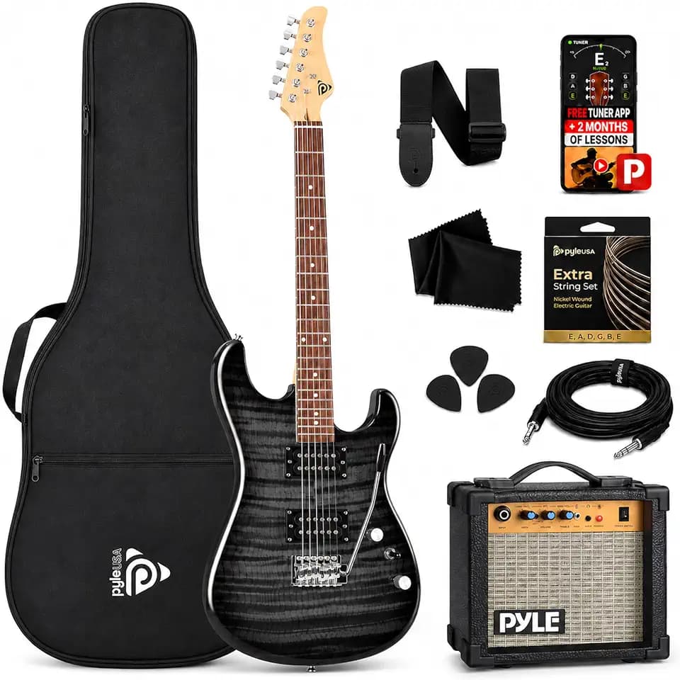 Pyle Electric Guitar Kit with Amp, Full Size Instrument with Humbucker Pickups, Guitarra Electrica Amplifier and Beginner Bundle Accessories, 39" Legacy Black
