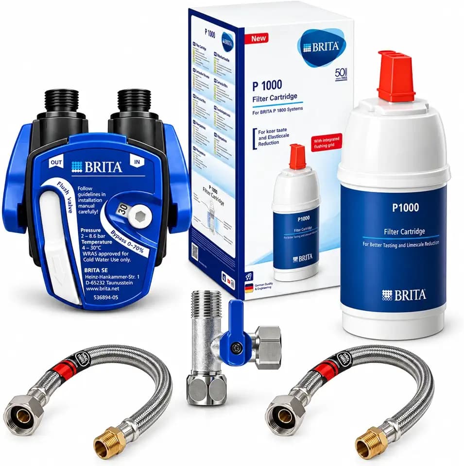 BRITA Wasserfilter Untertisch Komplettset P1000 | Mit Filterkopf, Schläuchen & Eckventil-Adapter | Schützt Kaffeemaschine & Wasserkocher vor Kalk | Für weicheres, besser schmeckendes Trinkwasser