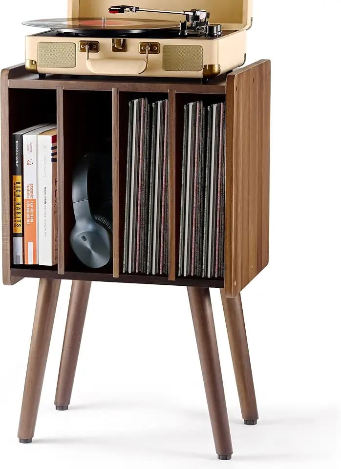 2BHOME Wooden Record Player Stand, Vinyl Record Storage Holder Table with 4 Cabinets, Holds up to 100 LPs, Metal Organizer Stand, Classical Design for Files/Book (Walnut, 2 Tier)