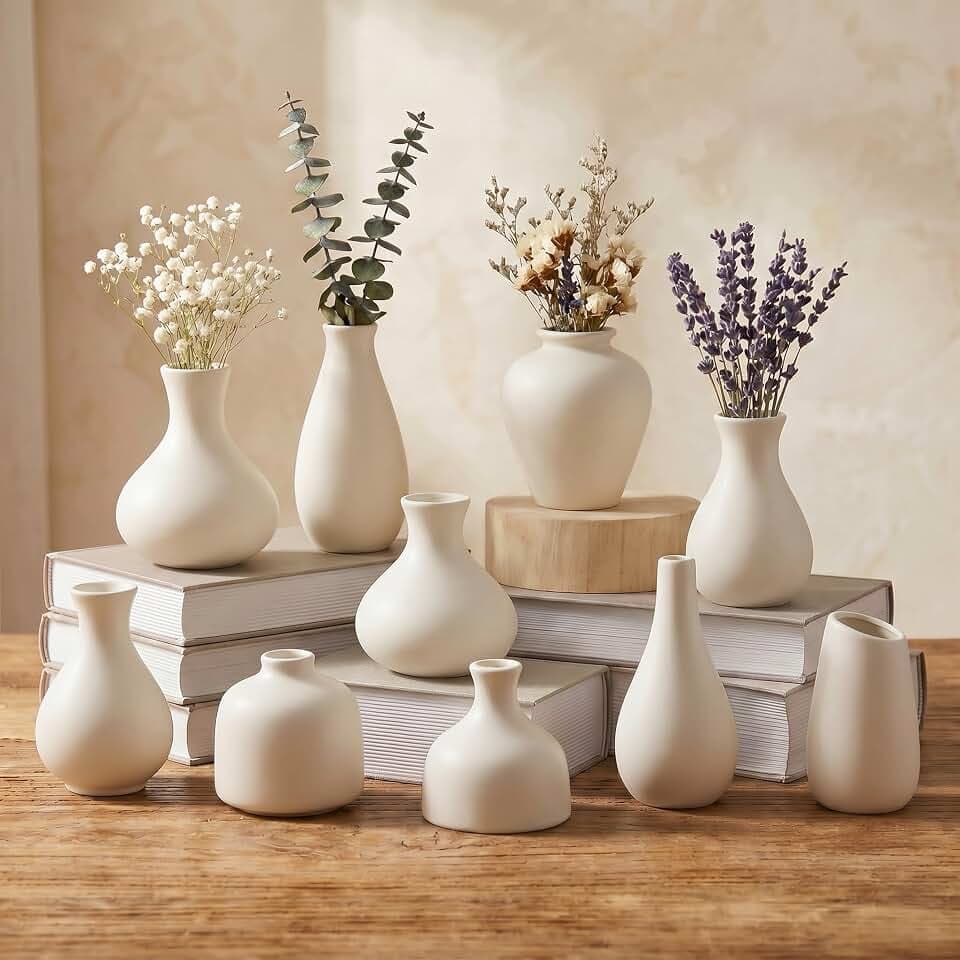White Ceramic Bud Vase Set of 10, Small Vases for Pampas Grass, Flowers, Mini Vases for Modern Home Decor, Minimalist Decor, for Living Room, Dining Table & Shelves