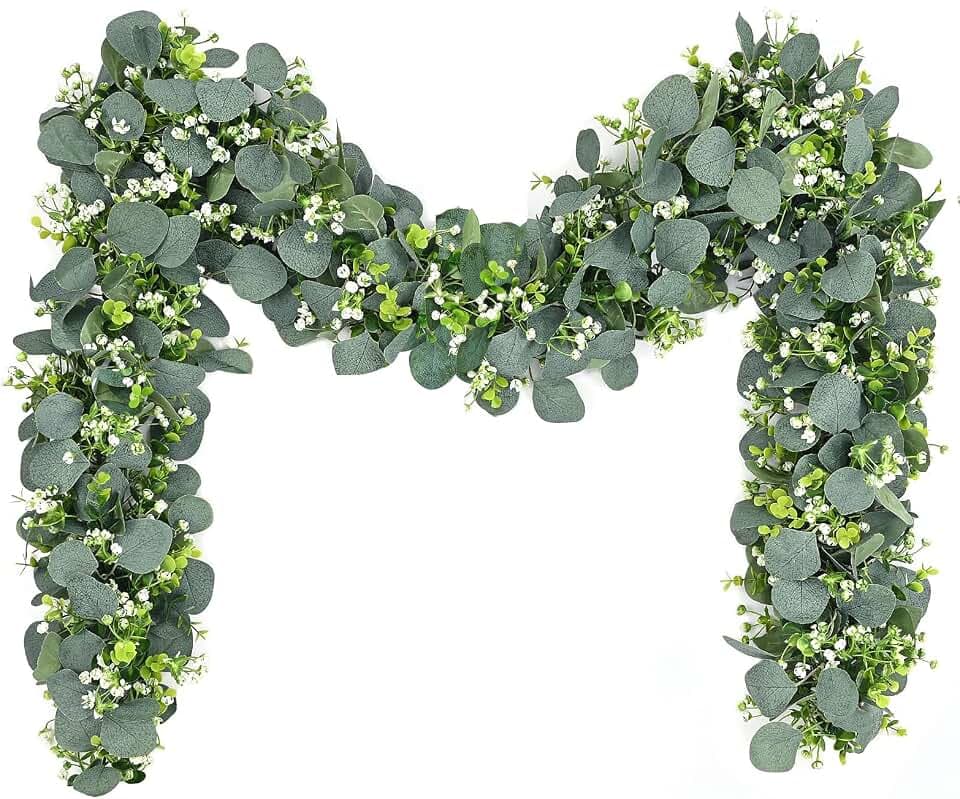 2 Stück Künstliche Eukalyptus Girlanden blätter Girlande mit Grüne Blätter Weiße Blumen Girlande Künstliche Pflanze Hängepflanze für Hintergrund Hochzeit Dekoration Tischläufer Mittelstück