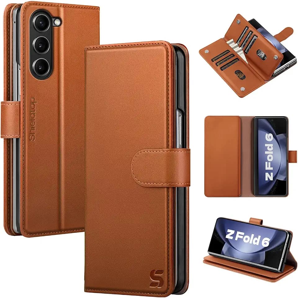 Shieldtop for Samsung Galaxy Z Fold 6 Wallet Case with Card Holder,Light Brown