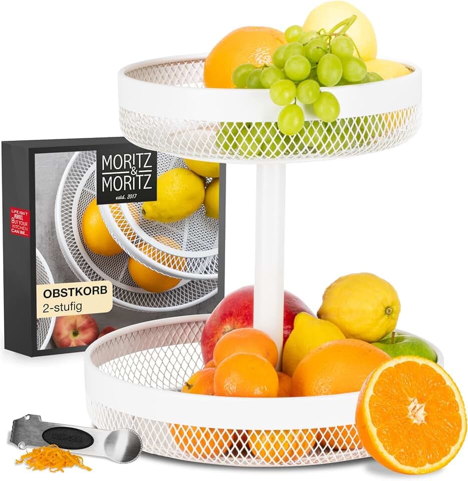 Moritz & Moritz Obst Etagere Weiß 2-stöckig - Elegante Obstkorb Etagere aus Metall zur Aufbewahrung von z.B. Obst, Brot oder Snacks - Mehrstöckige Obstschale mit guter Luftzirkulation