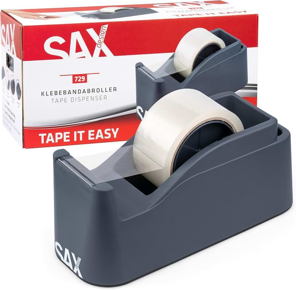 SAX Tape it Easy XXL Einhand Klebeband Abroller extra Schwer | für 1x 50mm Band oder 2x 25mm Band, Paketbandabroller mit Stiftehalter Funktion, rutschfest, inkl. doppelseitige Klinge, Anthrazit