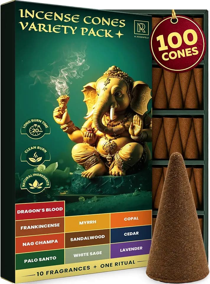 Incense Cones Variety Pack 100 - Natural Scented Cone Incense Bulk Set with Frankincense, Myrrh, Sandalwood, Nag Champa, White Sage, Palo Santo, Lavender, Cedar, Copal & Dragons Blood Slow Burning