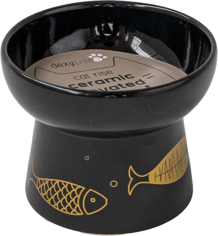 Elevated Ceramic Cat Bowl - Black & Gold Fish - 7oz - Pet Feeding Dish, Meals, Food & Water, Ergonomic Height, Stylish, Shallow & Raised