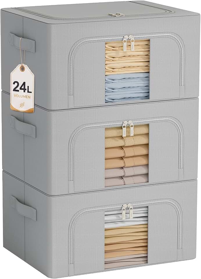 GoMaihe Kleideraufbewahrung Aufbewahrungsboxen mit Metallrahmen 3x24 L Grau