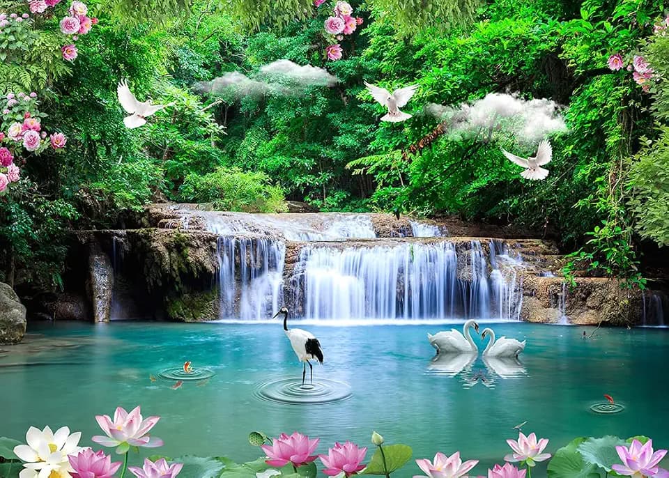 BELECO 7x5ft Fabric Beautiful Forest Lake Waterfall Backdrop Jungle Forest Trees Cascade Nature Backdrop Green Water Crane White Pigeon Lotus Flowers Spring Garden Background Wall Mural Photo Props