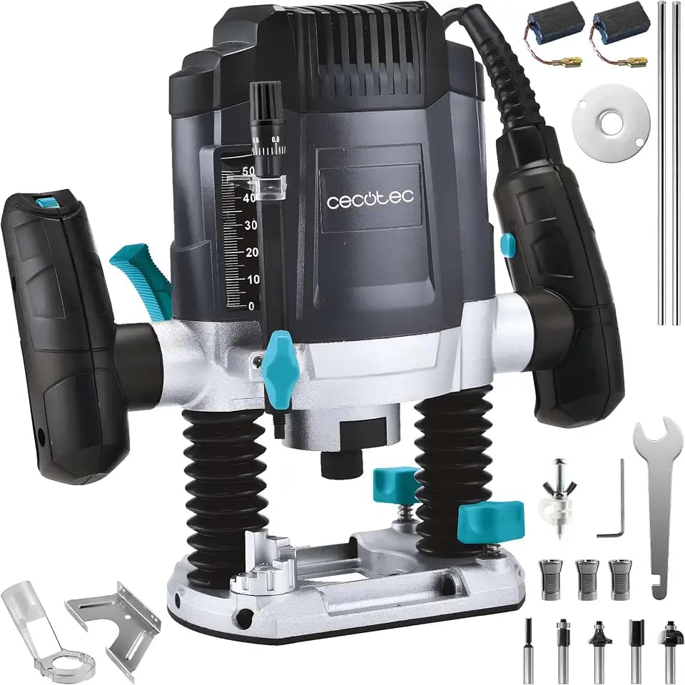 Cecotec Tauch-Oberfräse MultiShape 900 Inmersion. 1200 W, Frästiefe 55 mm, 6 Stufen 16.000-30.000 U/min, 5 Fräser, 6/6,35/8 mm, Tiefenverstellung, Parallelanschlag, Staubabsaugung, für Holz & DIY