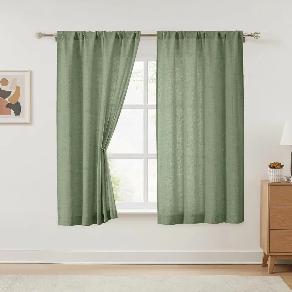 OVZME Green Curtains 54 Inch Length 2 Panels Set, Light Filtering Textured Faux Linen Fabric Window Curtains for Bedroom, Rod Pocket Modern Drapes for Living Room Basement, 2x42Wx54L Inches