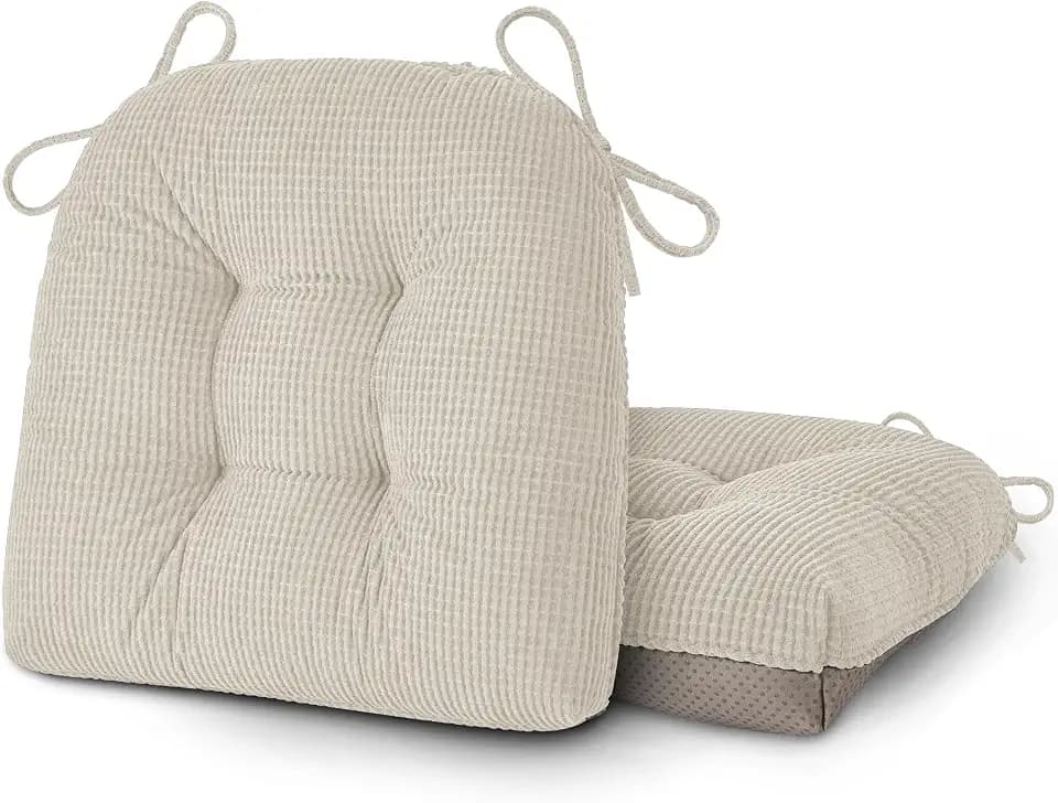 OVOV Esszimmerstuhlkissen, weich, rutschfest, Küchenstuhlkissen, getuftet, Sitzkissen mit Bändern, für Küche, Esszimmer (46 x 42 x 8 cm, Beige)