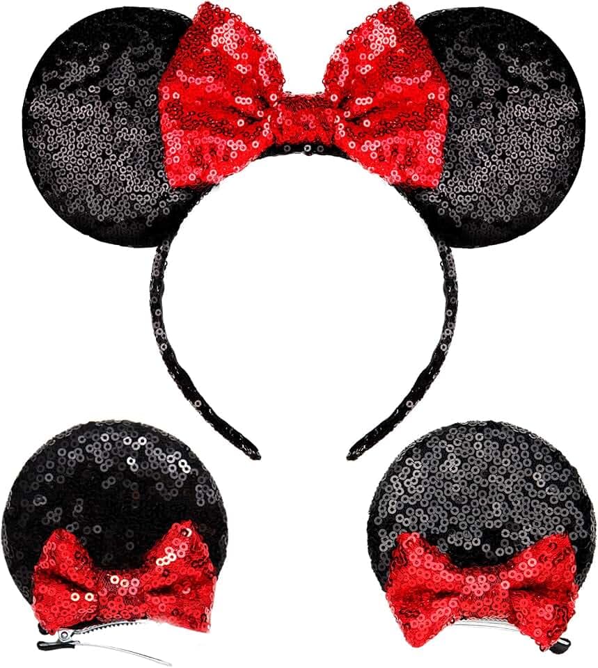 RCRAJE Mouse Ears Bow Headbands Mice Sequin Ears Headbands for Women Adult, Mouse Ears Clip for Glitter Party