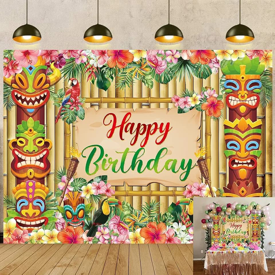 Hawaiian Luau Happy Birthday Backdrop 6x4FT Tropical Tiki Theme Birthday Photography Background Aloha Luau Birthday Party Banner Decorations Supplies Photo Props