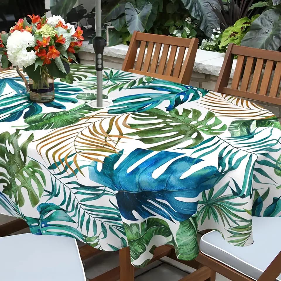 Tropical Leaves Outdoor Tablecloth with Umbrella Hole for Oval Table, Waterproof Green Leaf Patio Table Cloth with Zipper - 60 x 102 inches