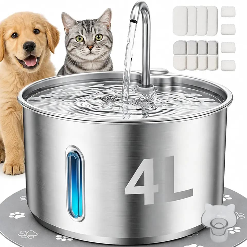 4L Dog & Cat Water Fountain, USB Powered, Stainless Steel Tray