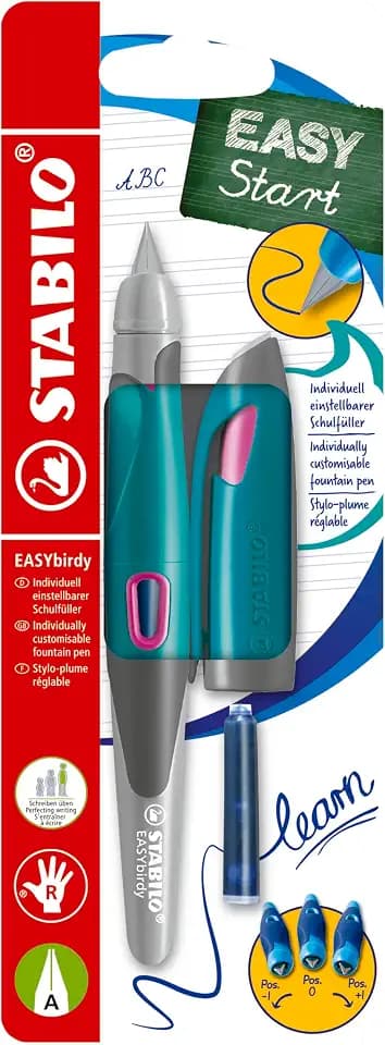 STABILO - Ergonomischer Schulfüller für Rechtshänder - EASYbirdy | Anfänger-Feder A, türkis/neonpink, inkl. Patrone, Einstellwerkzeug, löschbar blau