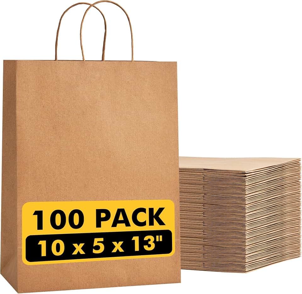 RACETOP Large Brown Kraft Paper Bags 100 Pack 10x5x13 in with Handles