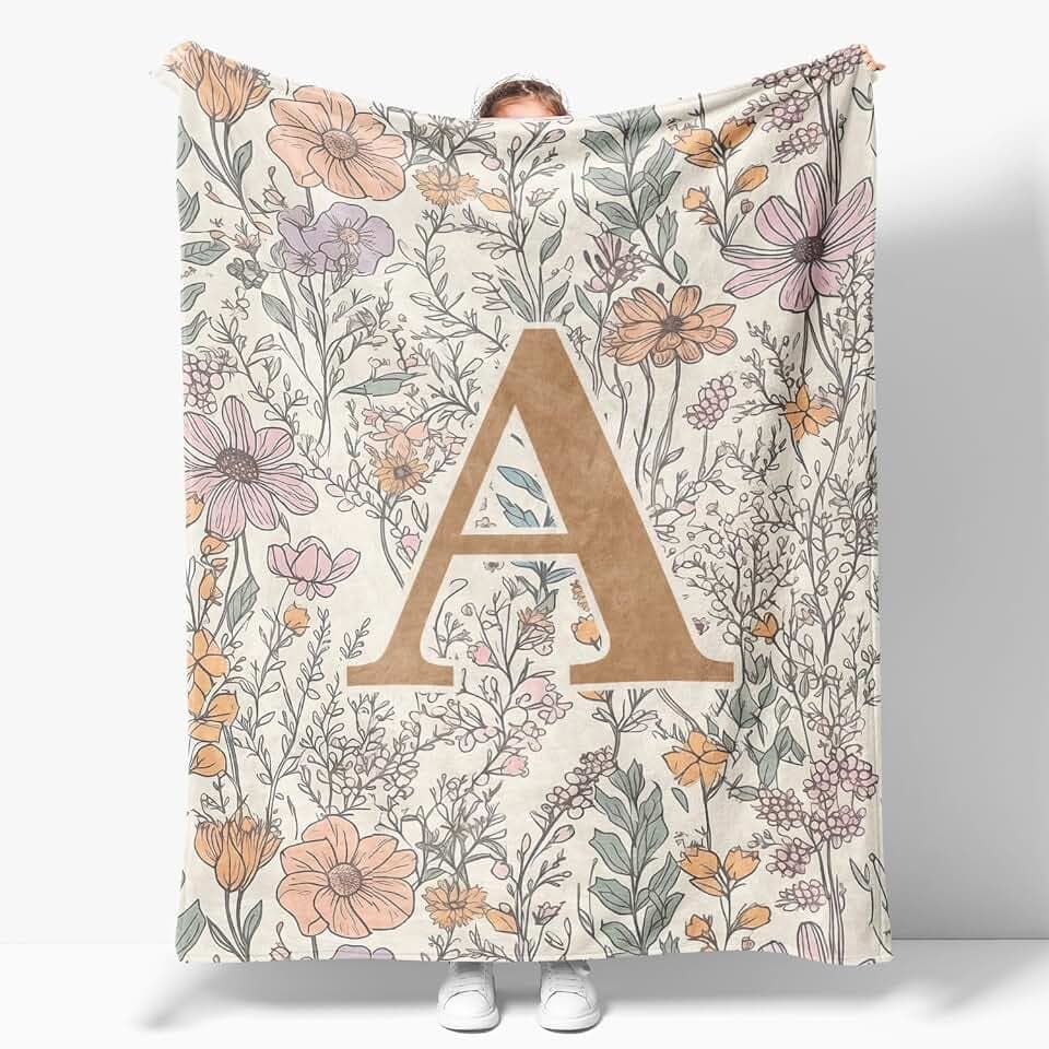 JXREQ Throw Blanket Initial Letter A Personalized Monogrammed Gifts for Women Teen Girls Frends, Boho Floral Throw Blankets for Bed Sofa Living Room Office, 50x60 Inch