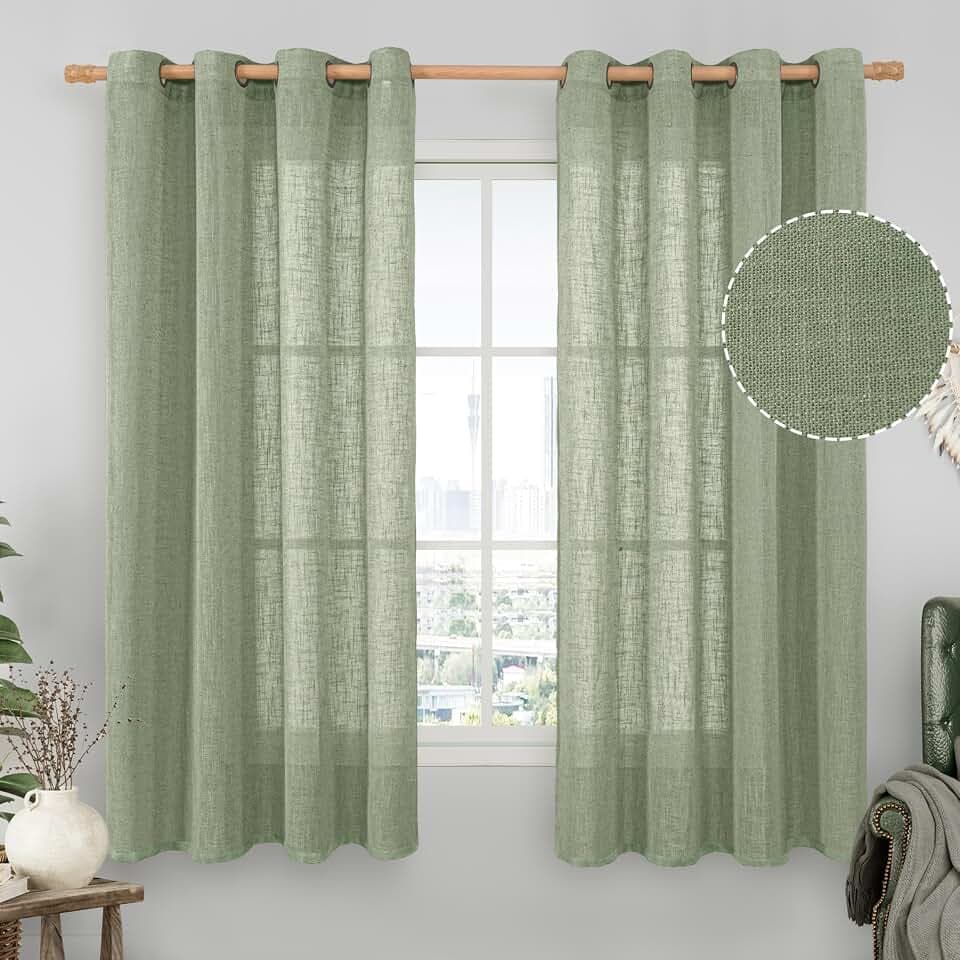 LAMIT Sage Green Sheer Linen Curtains 63 inches Long for Bedroom 2 Panels