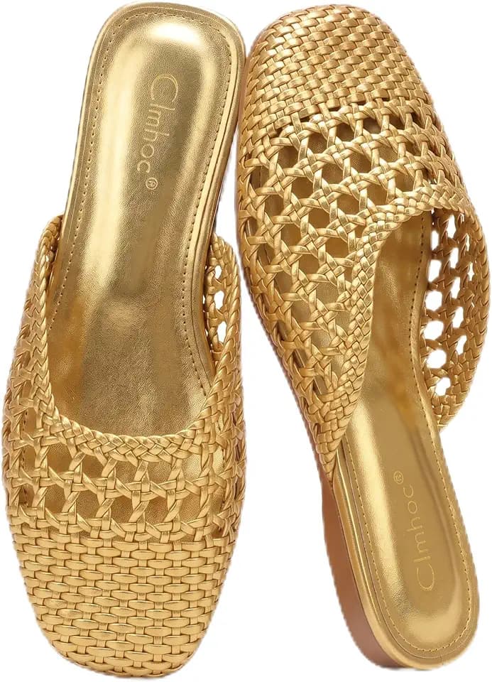 Woven Mules for Women Square Toe Slip on Mesh Flat Sandals Espadrilles Slides Summer Slipper Shoes