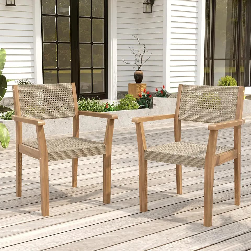 Christopher Knight Home Amaris Acacia Wood Outdoor Dining Chairs Set of 2, Solid Wood Patio Dining Chair with Woven Wicker Accents, Kitchen Side Chair, Teak+Beige