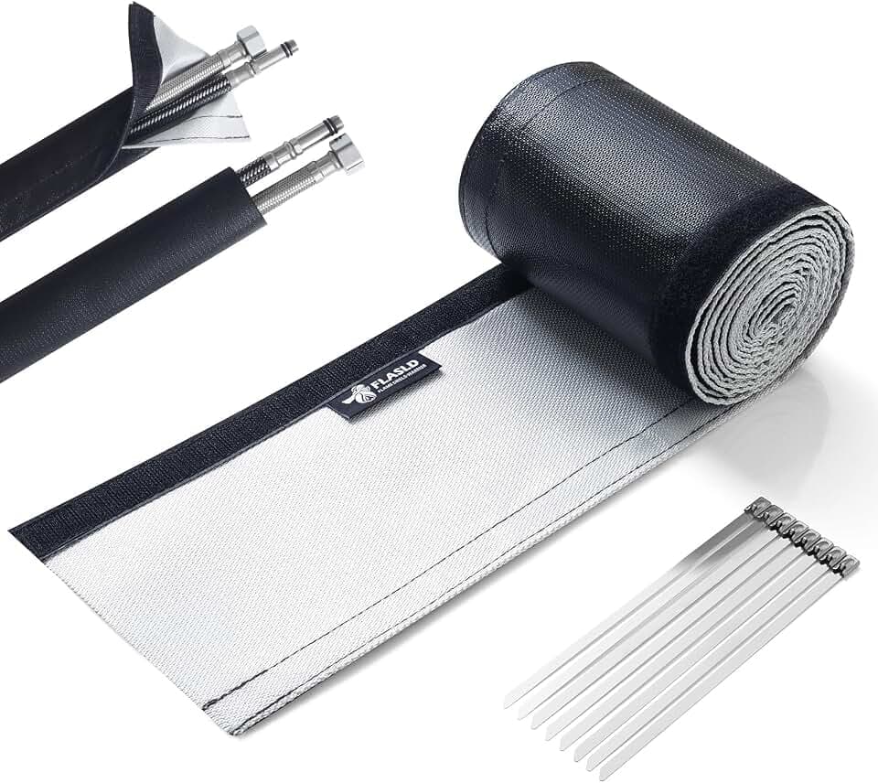 FLASLD Wire Heat Shield for Hose Lines & Electrical Wiring, 3/4" I.D. x 10FT Heat Shield Wrap Automotive for Exhaust and High-Temperature Pipes with Stainless Steel Ties, Black