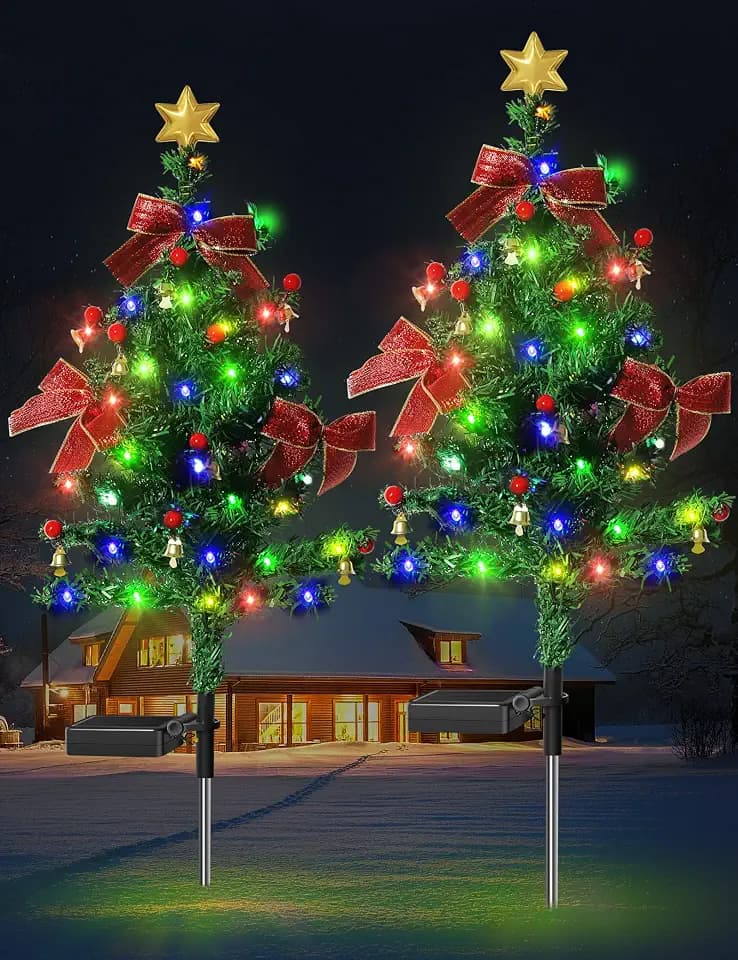 Solar Christmas Trees Lights Outdoor Waterproof, 40LED-Lights Solar Xmas Tree, Solar Yard Decorative Stake Lights Garden Decor with Constant & Flashing Modes for Pathway Lawn Patio Decorations, 2PCS